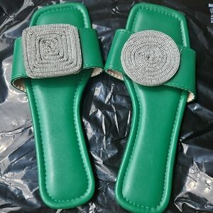 Size 43/10-10.5 Womens Green Slide Sandals +Silver Embellishments